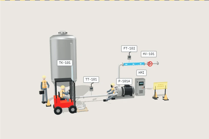 Construction site with a stainless steel process plant, kneeling welder, mechanic and forklift delivering pipe components.